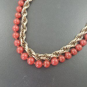 Vintage Bergere Carnelian Bead Choker Necklace Gold Plated Chain Flower Clasp